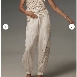 NWT Anthropologie white linen embroidered joggers